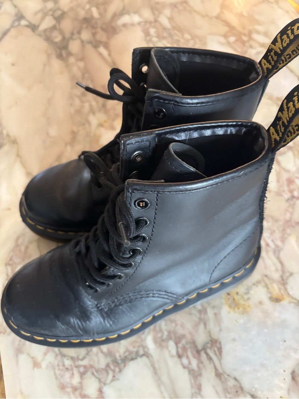 Dr. Martens Black Leather Lace-Up Combat Boots with Yellow Stitching